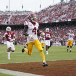 Southern California wide receiver Mario Williams (4) scores on a 15-yard touchdown reception against Stanford during the first half of an NCAA college football game in Stanford, Calif., Saturday, Sept. 10, 2022. (AP Photo/Godofredo A. Vásquez)