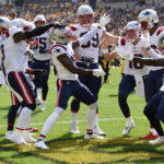 
              New England Patriots wide receiver Nelson Agholor, center, celebrates after taking a 44-yard pass play for a touchdown during the first half of an NFL football game against the Pittsburgh Steeler in Pittsburgh, Sunday, Sept. 18, 2022. (AP Photo/Don Wright)
            