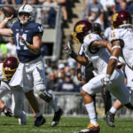 
              Penn State quarterback Sean Clifford (14) throws a pass against Central Michigan during the second half of an NCAA college football game, Saturday, Sept. 24, 2022, in State College, Pa. (AP Photo/Barry Reeger2
            