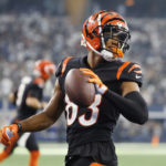 Cincinnati Bengals wide receiver Tyler Boyd (83) celebrates a two point conversation play during the second half of an NFL football game against the Dallas Cowboys Sunday, Sept. 18, 2022, in Arlington, Tx. (AP Photo/Michael Ainsworth)