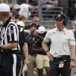 Wake Forest head coach Dave Clawson argues a call during the second half of an NCAA college football game against Clemson in Winston-Salem, N.C., Saturday, Sept. 24, 2022. (AP Photo/Chuck Burton)
