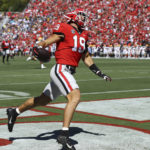 Georgia tight end Brock Bowers glides into the endzone on a 70-plus yard touchdown during an NCAA college football game against Kent State Saturday, Sept. 24, 2022 ,in Athens Ga. (Curtis Compton/Atlanta Journal-Constitution via AP)