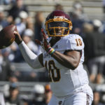 Central Michigan quarterback Daniel Richardson (10) throws a pass against Penn State during the first half of an NCAA college football game, Saturday, Sept. 24, 2022, in State College, Pa. (AP Photo/Barry Reeger)
