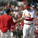 
              St. Louis Cardinals starting pitcher Jordan Montgomery, right, is removed by manager Oliver Marmol during the sixth inning of a baseball game against the Cincinnati Reds Sunday, Sept. 18, 2022, in St. Louis. (AP Photo/Jeff Roberson)
            