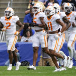 
              Tennessee running back Jabari Small (2), leads his team from the field after he scored a touchdown against Pittsburgh during the first half of an NCAA college football game, Saturday, Sept. 10, 2022, in Pittsburgh. (AP Photo/Keith Srakocic)
            