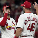 
              St. Louis Cardinals' Nolan Arenado, left, and Paul Goldschmidt celebrate as 2-1 victory over the Pittsburgh Pirates in a baseball game Friday, Sept. 30, 2022, in St. Louis. (AP Photo/Jeff Roberson)
            