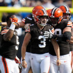 Cleveland Browns place kicker Cade York celebrates after kicking the game winning field goal against the Carolina Panthers during the second half of an NFL football game on Sunday, Sept. 11, 2022, in Charlotte, N.C. (AP Photo/Rusty Jones)