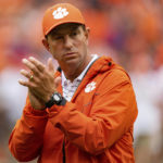 
              Clemson Tigers head coach Dabo Swinney looks on during warm ups before an NCAA college football game against the Furman Paladins in Clemson, S.C., Saturday, Sept. 10, 2022. (AP Photo/Jacob Kupferman)
            