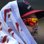 St. Louis Cardinals' Paul Goldschmidt watches from the dugout during the fourth inning of a baseball game against the Cincinnati Reds Sunday, Sept. 18, 2022, in St. Louis. (AP Photo/Jeff Roberson)
