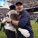 Chicago Bears coach Matt Eberflus, right, celebrates with Nicholas Morrow (53) after an NFL football game against the Houston Texans Sunday, Sept. 25, 2022, in Chicago. The Bears won 23-20. (AP Photo/Nam Y. Huh)