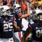 
              Auburn place kicker Anders Carlson (26) kicks the game-winning field goal during overtime of an NCAA college football game against Missouri, Saturday, Sept. 24, 2022 in Auburn, Ala. (AP Photo/Butch Dill)
            