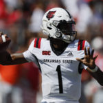 
              Arkansas State quarterback James Blackman throws a pass against Ohio State during the first half of an NCAA college football game Saturday, Sept. 10, 2022, in Columbus, Ohio. (AP Photo/Jay LaPrete)
            