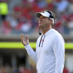 
              Mississippi head coach Lane Kiffin watches during the second half of an NCAA college football game against Tulsa in Oxford, Miss., Saturday, Sept. 24, 2022. Mississippi won 35-27. (AP Photo/Thomas Graning)
            