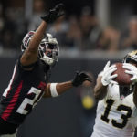 New Orleans Saints wide receiver Michael Thomas (13) makes a touchdown catch against the Atlanta Falcons during the second half of an NFL football game, Sunday, Sept. 11, 2022, in Atlanta. (AP Photo/Brynn Anderson)