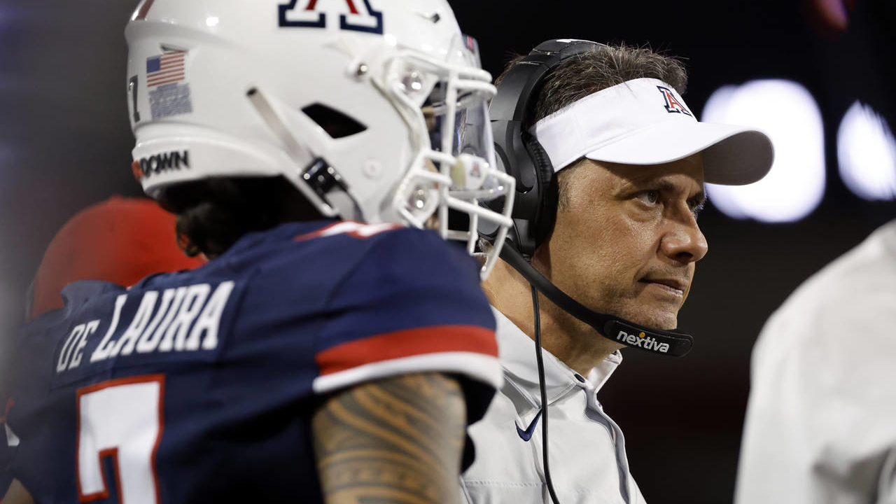 Arizona head coach Jedd Fisch stands on the sideline in the second half against Mississippi State d...