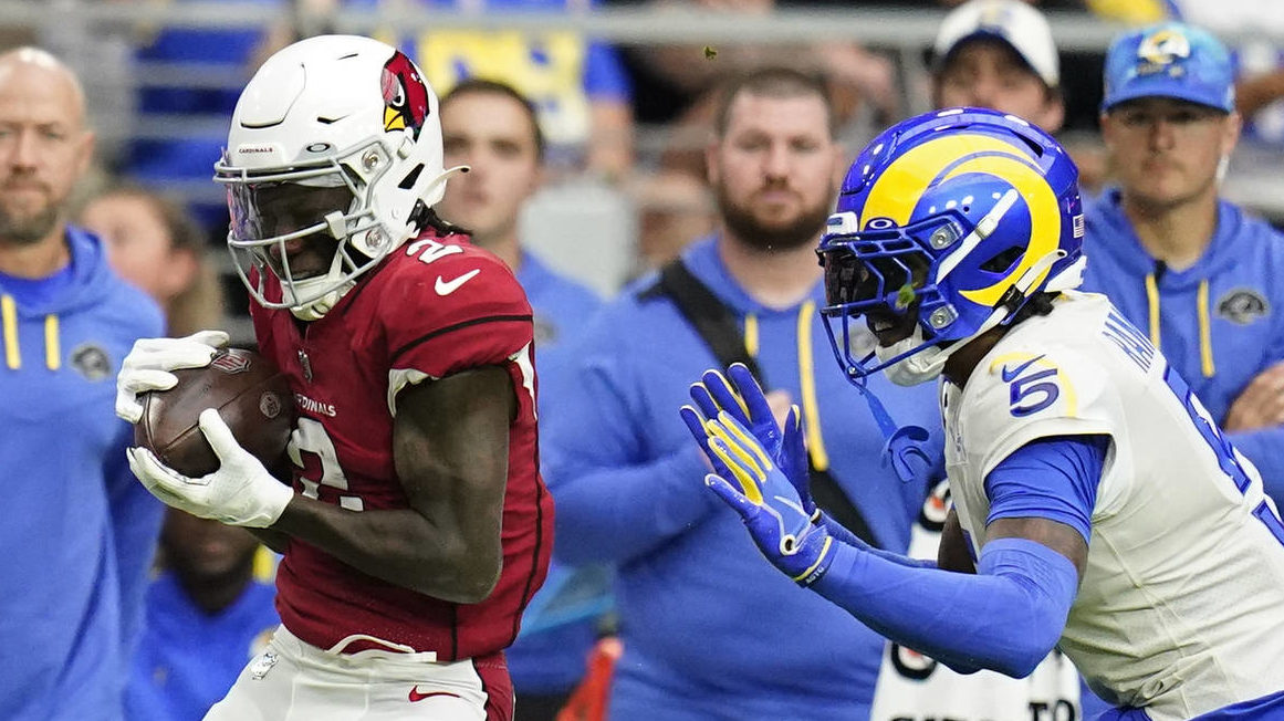 Arizona Cardinals wide receiver Marquise Brown (2) makes a catch against Los Angeles Rams cornerbac...