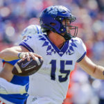 TCU quarterback Max Duggan (15) looks to pass during the first half of an NCAA college game against SMU on Saturday, Sept. 24, 2022, in Dallas, Texas. (AP Photo/Gareth Patterson)
