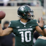 Michigan State quarterback Payton Thorne throws a pass against Minnesota during the first quarter of an NCAA college football game, Saturday, Sept. 24, 2022, in East Lansing, Mich. (AP Photo/Al Goldis)