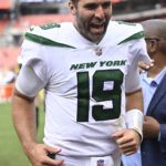 
              New York Jets quarterback Joe Flacco (19) celebrates after the team defeated the Cleveland Browns in an NFL football game, Sunday, Sept. 18, 2022, in Cleveland. (AP Photo/David Richard)
            