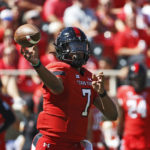 Texas Tech's Donovan Smith (7) passes the ball during the first half of an NCAA college football game against Texas, Saturday, Sept. 24, 2022, in Lubbock, Texas. (AP Photo/Brad Tollefson)