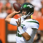 New York Jets quarterback Joe Flacco passes against the Cleveland Browns during the first half of an NFL football game, Sunday, Sept. 18, 2022, in Cleveland. (AP Photo/David Richard)