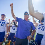 
              TCU head coach Sonny Dykes celebrates a victory over SMU with his team after an NCAA college game on Saturday, Sept. 24, 2022, in Dallas, Texas. (AP Photo/Gareth Patterson)
            