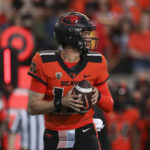 
              Oregon State quarterback Chance Nolan drops back to pass against Southern California during the first half of an NCAA college football game Saturday, Sept. 24, 2022, in Corvallis, Ore. (AP Photo/Amanda Loman)
            
