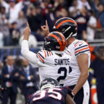 
              Chicago Bears place kicker Cairo Santos (2) celebrates after kicking a game-winning 30-yard field goal against the Houston Texans during the second half of an NFL football game Sunday, Sept. 25, 2022, in Chicago. The Bears won 23-20. (AP Photo/Charles Rex Arbogast)
            