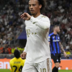 Bayern's Leroy Sane celebrates after Inter Milan's Danilo D'Ambrosio scored an own goal to give Bayern a 2-0 lead, during the Champions League, group C soccer match between Inter Milan and Bayern Munich, at the Milan San Siro stadium, Italy, Wednesday, Sept. 7, 2022. (AP Photo/Luca Bruno)