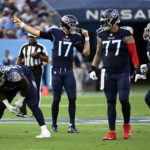 
              Tennessee Titans quarterback Ryan Tannehill (17) calls a play during the first half of an NFL football game against the New York Giants Sunday, Sept. 11, 2022, in Nashville. (AP Photo/Mark Zaleski)
            