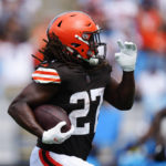 Cleveland Browns running back Kareem Hunt runs for a touchdown against the Carolina Panthers during the first half of an NFL football game on Sunday, Sept. 11, 2022, in Charlotte, N.C. (AP Photo/Jacob Kupferman)