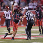 
              Utah safety R.J. Hubert (11) celebrates after San Diego State quarterback Kyle Crum was sacked during the first half of an NCAA college football game Saturday, Sept. 17, 2022, in Salt Lake City. (AP Photo/Rick Bowmer)
            