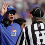 
              Kansas head coach Lance Leipold talks to an official during the first half of an NCAA college football game against Duke Saturday, Sept. 24, 2022, in Lawrence, Kan. (AP Photo/Charlie Riedel)
            