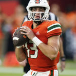 Miami quarterback Jake Garcia (13) drops back to pass during the second half of an NCAA college football game against Middle Tennessee, Saturday, Sept. 24, 2022, in Miami Gardens, Fla. (AP Photo/Wilfredo Lee)