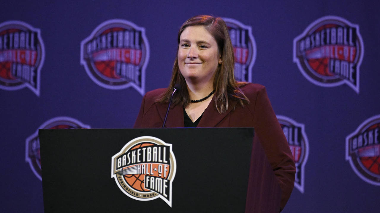 Basketball Hall of Fame Class of 2022 inductee Lindsay Whalen speaks at a news conference at Mohega...