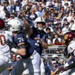 
              Penn State quarterback Sean Clifford (14) throws a pass against Central Michigan during the second half of an NCAA college football game, Saturday, Sept. 24, 2022, in State College, Pa. (AP Photo/Barry Reeger)
            