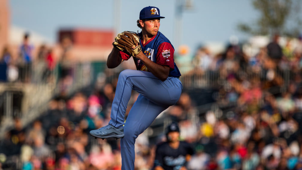 Pitcher Brandon Pfaadt #27 of the Amarillo Sod Poodles pitches during the game against the Corpus C...