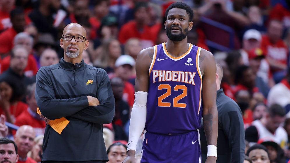 Deandre Ayton #22 and Head coach Monty Williams of the Phoenix Suns react during Game Four of the W...