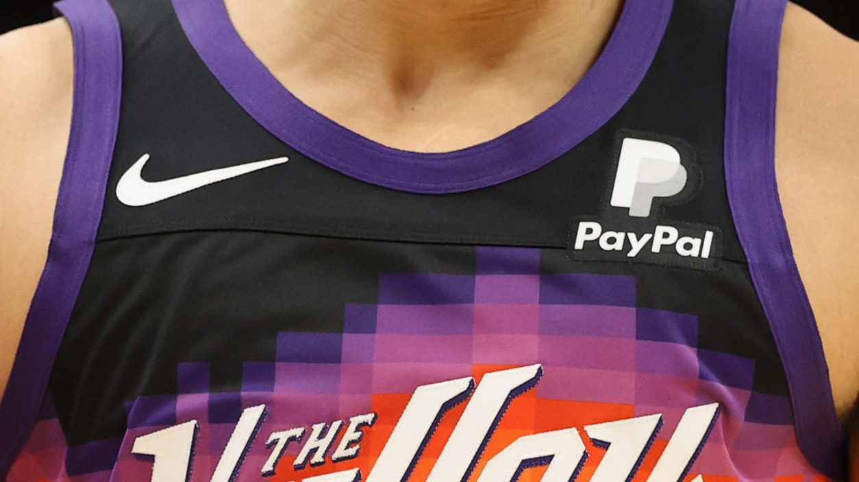 Detail of 'the valley' jersey worn by Devin Booker #1 of the Phoenix Suns during the second half of...