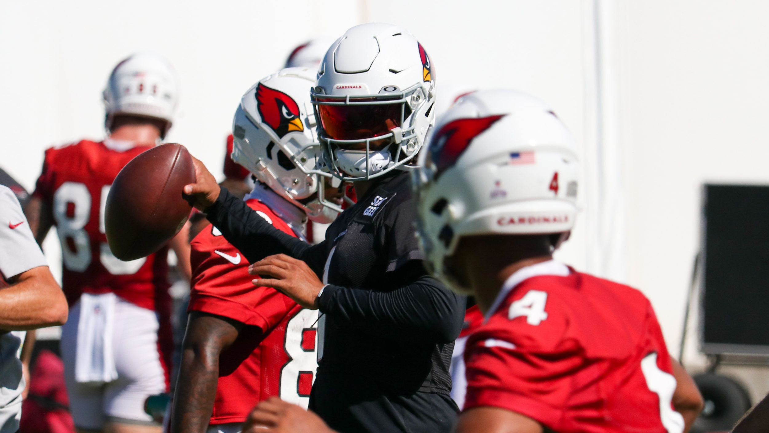 Arizona Cardinals QB Kyler Murray passes to WR Rondale Moore during practice on Thursday, Oct. 19, ...