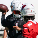 Arizona Cardinals QB Kyler Murray throws a pass to WR Hollywood Brown during practice on Thursday, Oct. 13, 2022, in Tempe. (Tyler Drake/Arizona Sports)