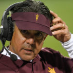 Interim head coach Shaun Aguano of the Arizona State Sun Devils looks on from the sideline in the fourth quarter of a game against the Colorado Buffaloes at Folsom Field on October 29, 2022 in Boulder, Colorado. (Photo by Dustin Bradford/Getty Images)