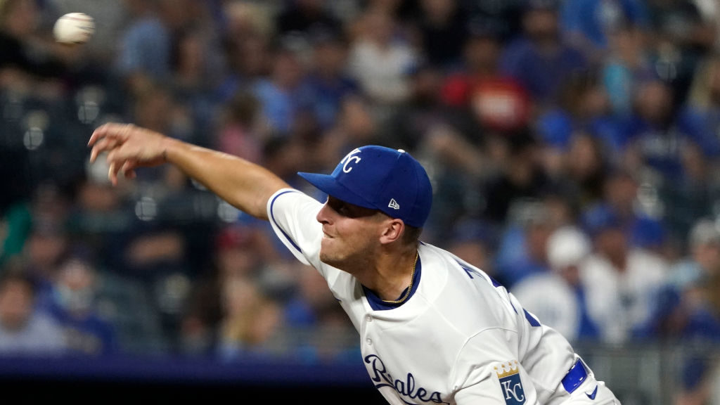 Tyler Zuber #53 of the Kansas City Royals throws in the sixth inning against the Seattle Mariners a...