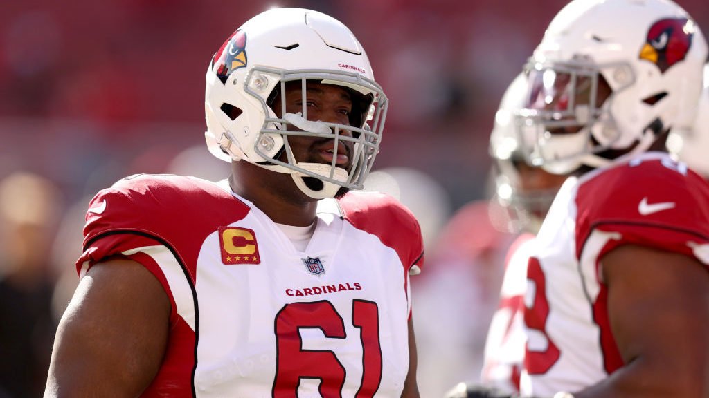 Rodney Hudson #61 of the Arizona Cardinals on the field during pregame warm-ups before the game aga...