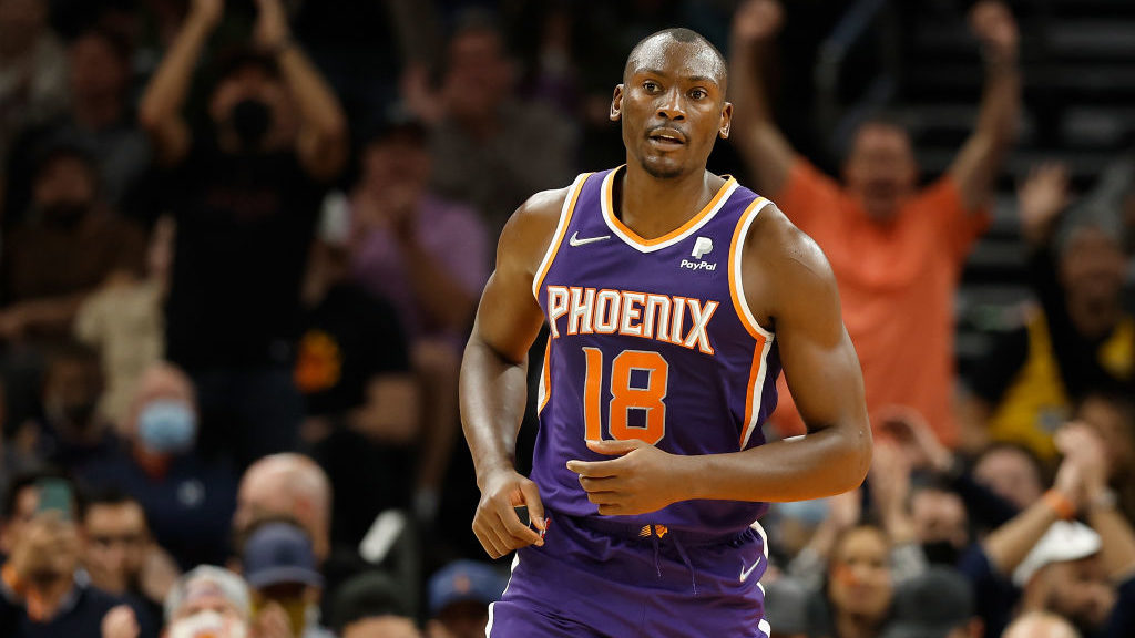 Bismack Biyombo #18 of the Phoenix Suns reacts after scoring against the Utah Jazz during the secon...
