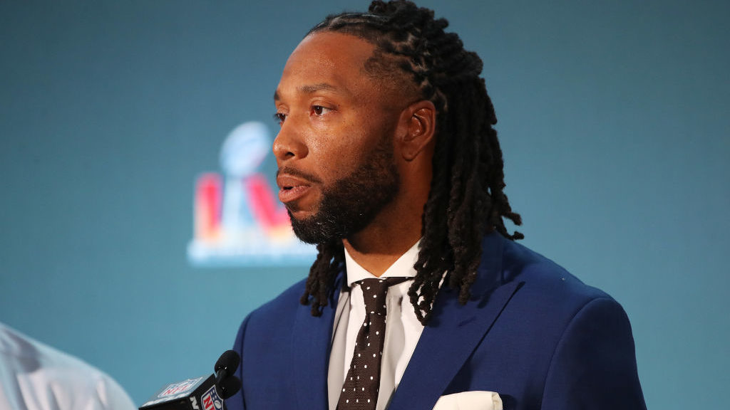 Larry Fitzgerald speaks with the media during the Super Bowl LVI head coach and MVP press conferenc...