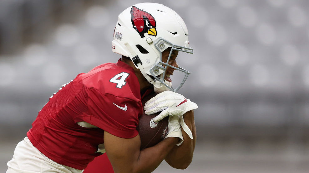 Wide receiver Rondale Moore #4 of the Arizona Cardinals participants in a team training camp at Sta...