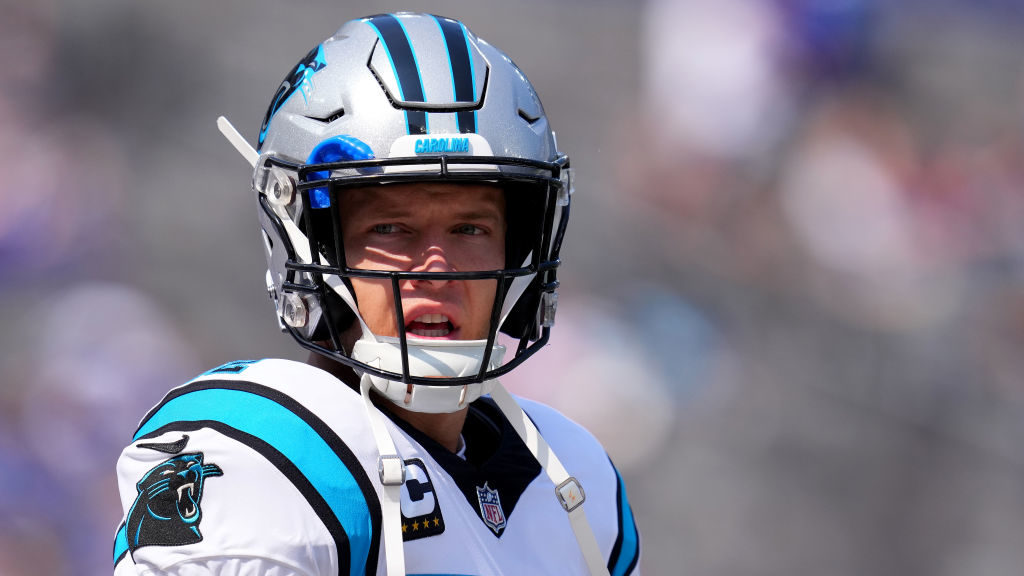 Christian McCaffrey #22 of the Carolina Panthers looks on before the game against the New York Gian...