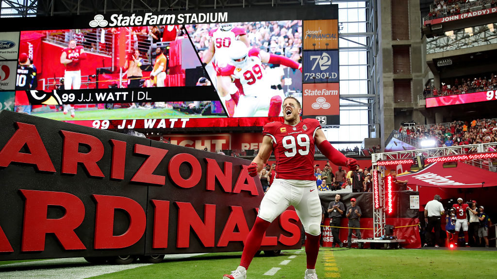 Defensive end J.J. Watt #99 of the Arizona Cardinals is introduced before the game against the Los ...