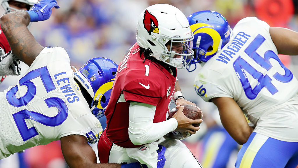 Quarterback Kyler Murray #1 of the Arizona Cardinals is sacked by linebacker Terrell Lewis #52 of t...